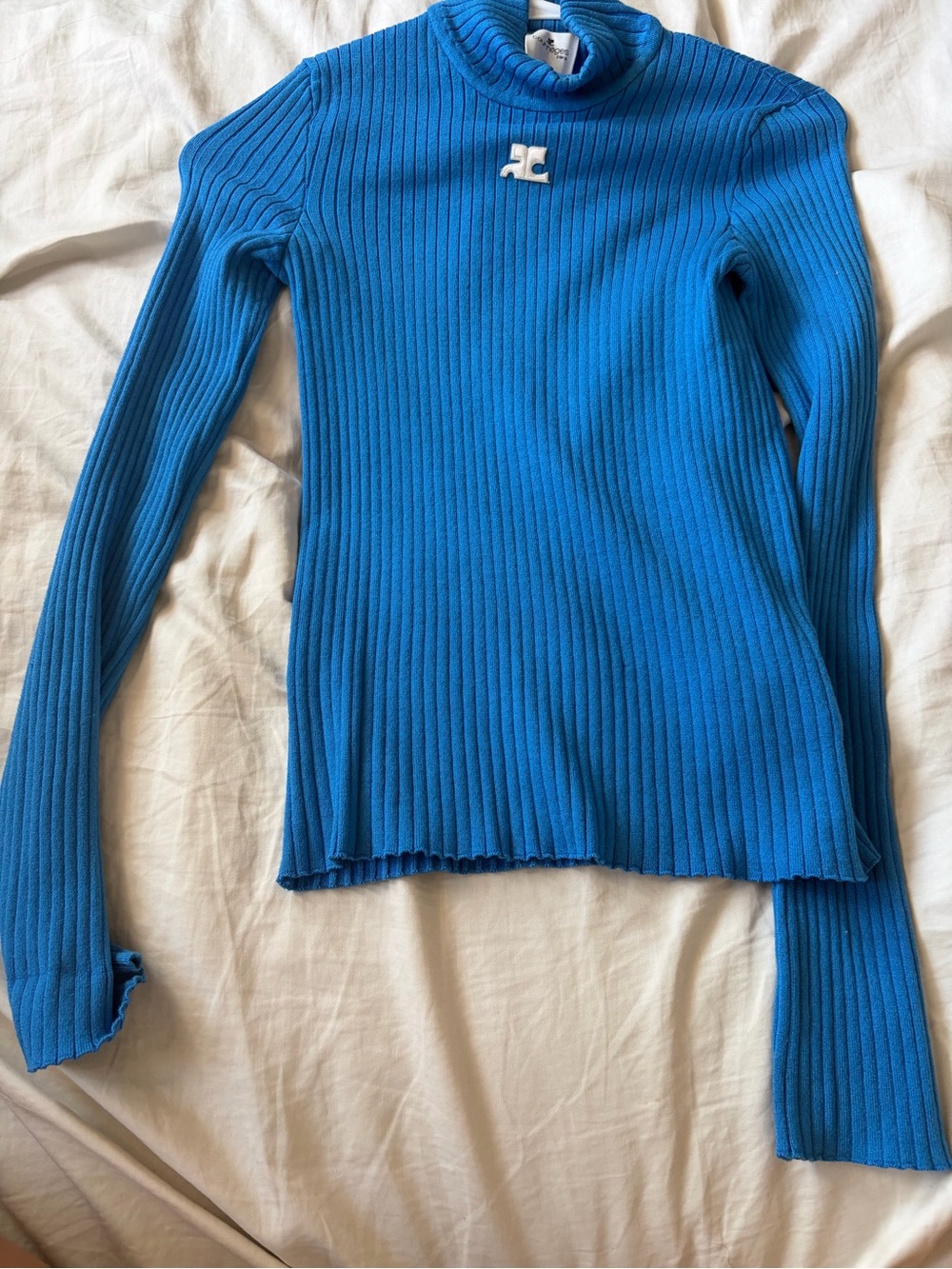 Courrèges Bright Blue Ribbed Turtleneck Long Sleeve Top